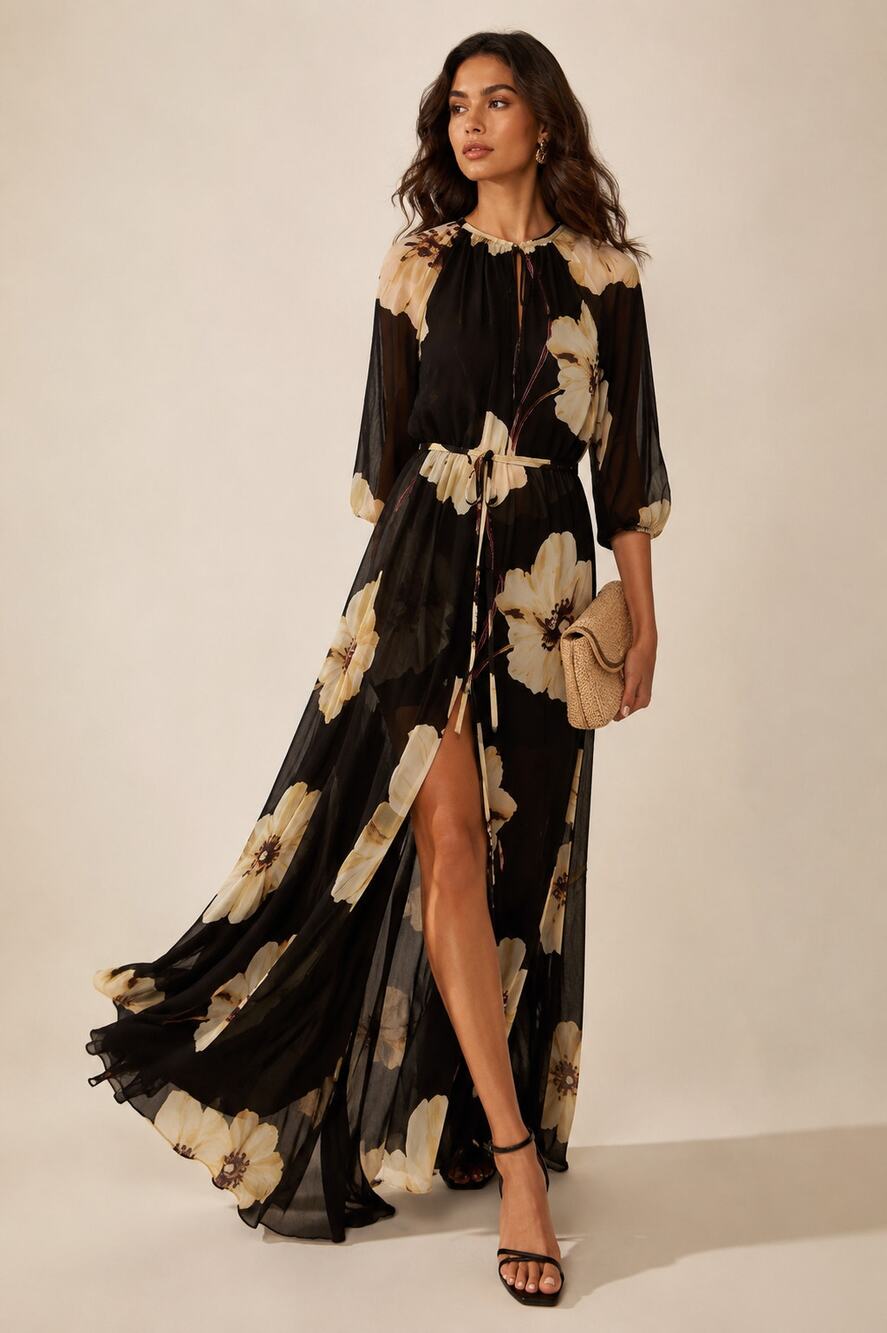 MISA Los Angeles Perdita Dress Golden Poppy Sheer Chiffon Maxi Size S